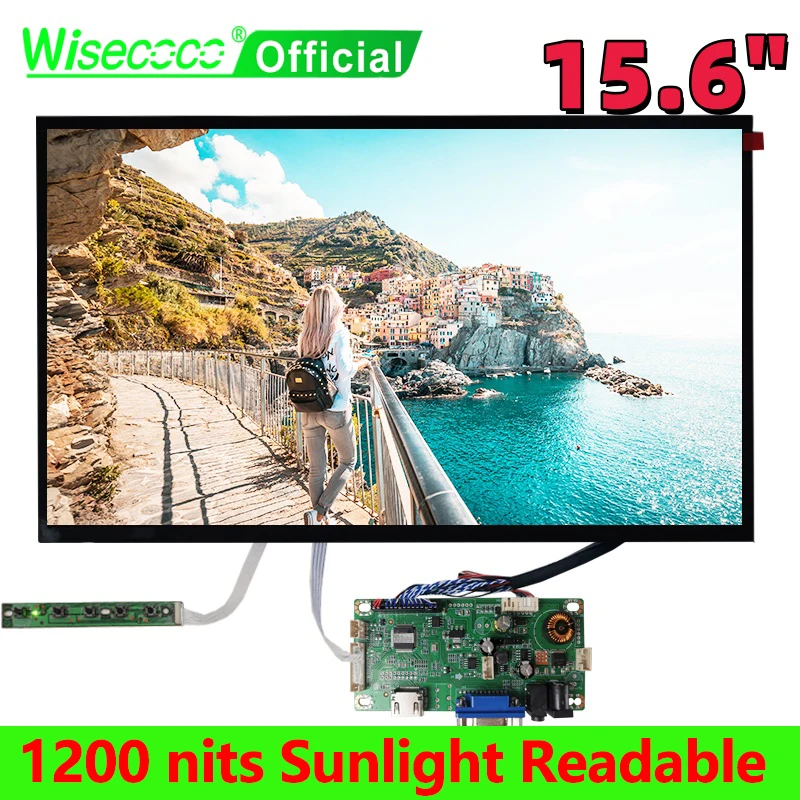 

Wisecoco 15.6 Inch 1200 Nit Sunlight Readable LCD Display High Bright Panel Outdoor 1920*1080 Automotive Screen Wide Temperature