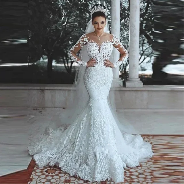 Robe De mariée De luxe personnalisée en dentelle, manches longues, perlée, Sexy, chérie, princesse, 2025