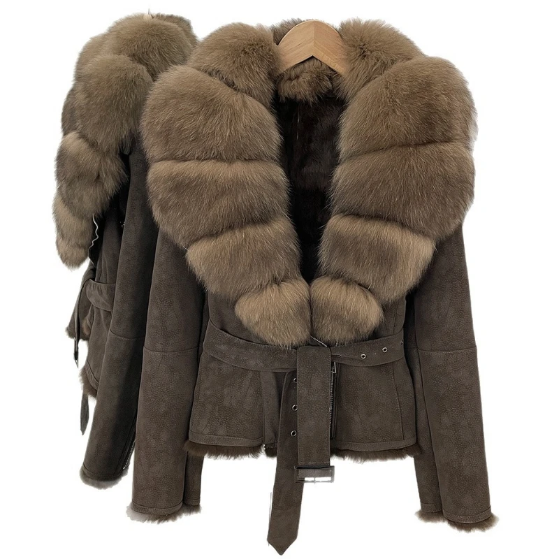 Chaqueta de ante para mujer con cuello de piel de zorro auténtica, cinturón y forro de piel de conejo natural, abrigo de invierno grueso y cálido