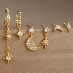 6PCS New Design Stainless Steel Cubic Zirconia Chain Hoop Earring For Women Star Moon Pendant Punk Cartilage Piercing Jewelry