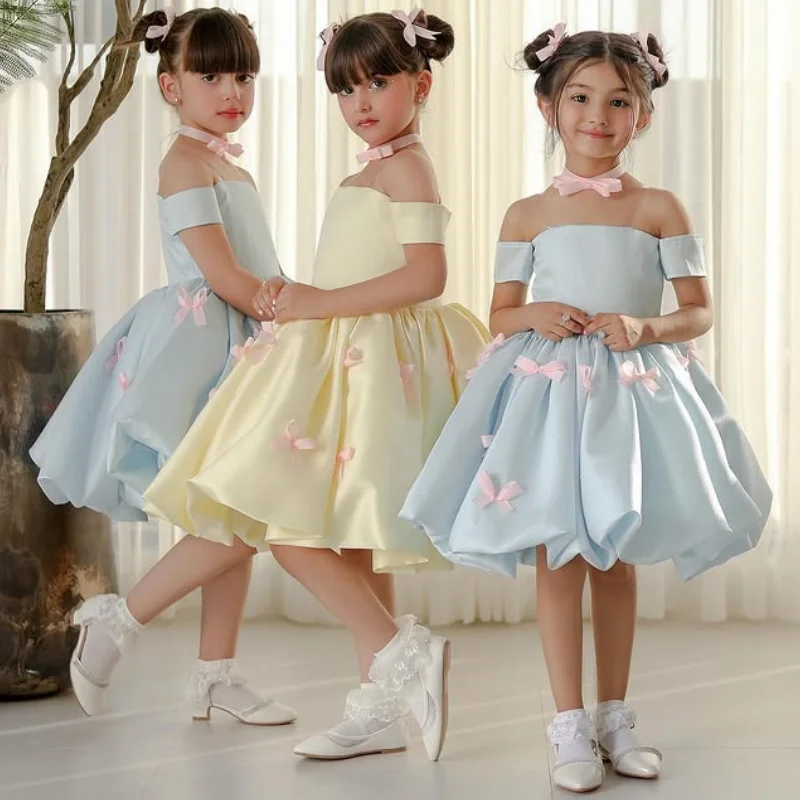 Customized Flower Girl Dresses Satin With Pink Bow Short Sleeve For Wedding Birthday Party Casual Banquet Princess Gown