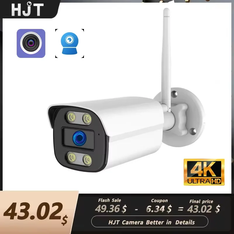 

HJT WIFI 8MP 5MP AI IP-камера Bullet 4G SIM-карта IMX415 H.265 IR Night Водонепроницаемая камера с обнаружением человека Camhi APP
