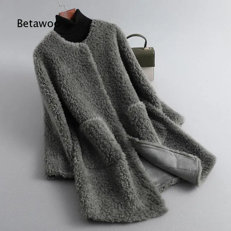 Womens mid length shearling faux fur overcoat granular lamb wool texture integrated outerwear warm winter coat suitable for dai