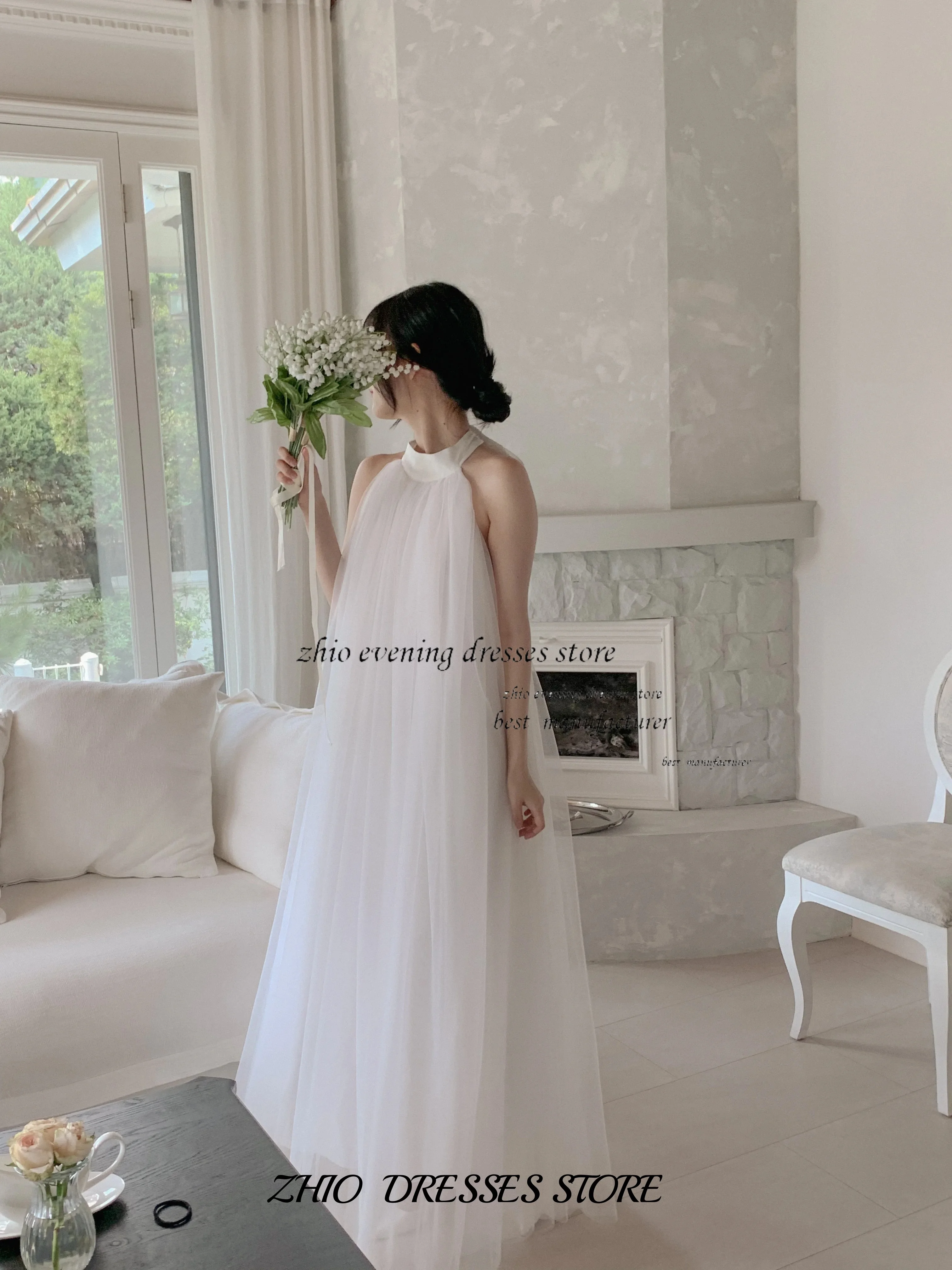 ZHIO White Tulle Fairy A-Line Elegant Korea Wedding Dresses Photo shoot High Neck Straight Bridal Gowns Customized 셀프웨딩