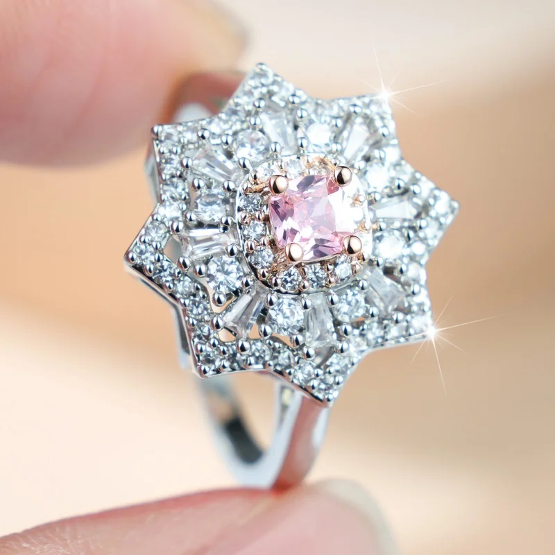 Ight Luxury Style Octagonal Star Powder Zircon Ring for Women with A Niche Temperament, Square Group Inlaid Jewelry Wholesale
