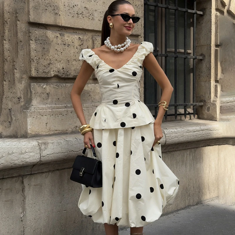 TARUXY Stylish Polka Dot Skirt Set Women's Slim Sleeveless Cropped Straps Top Long Puffy Dress Female Summer Elegant Street Suit