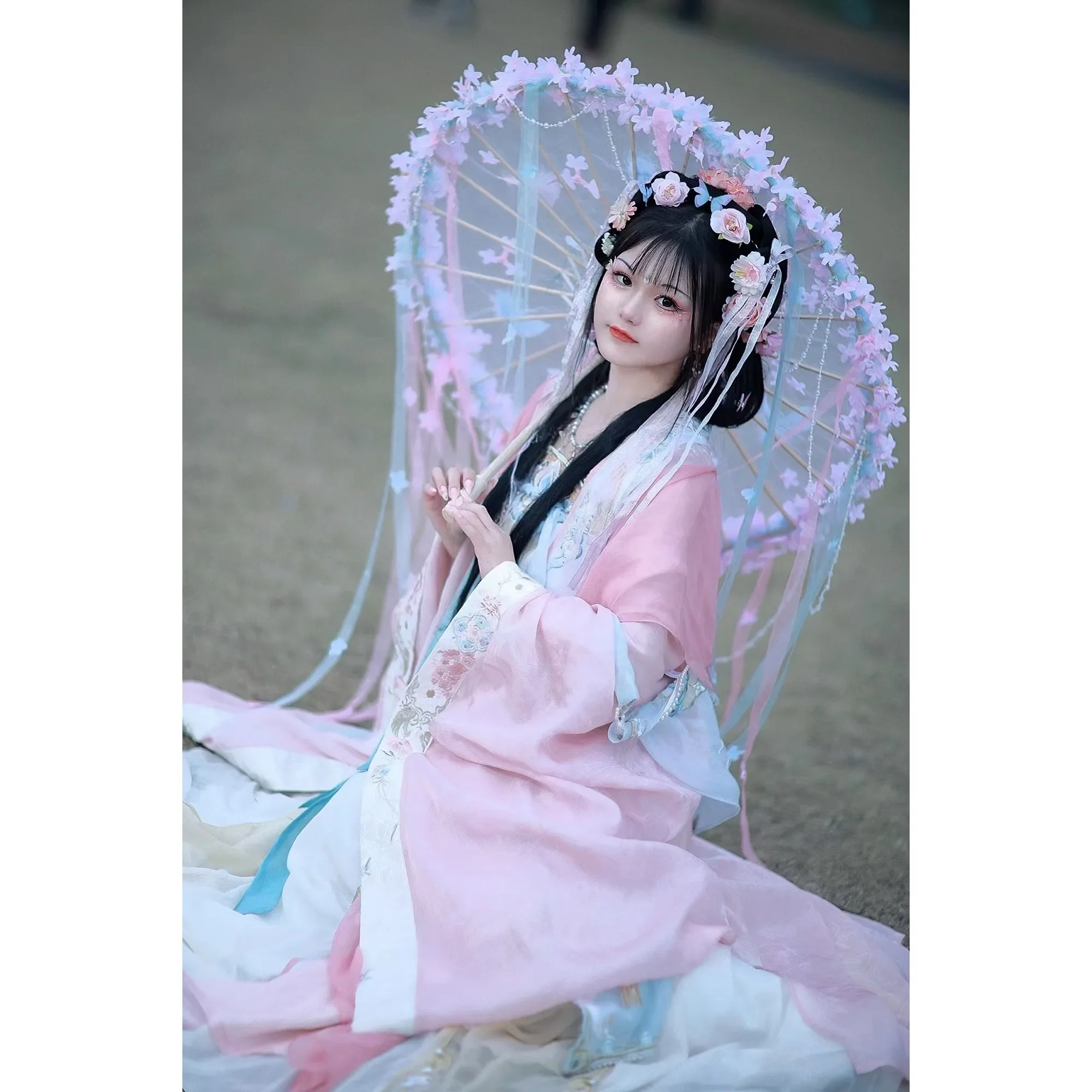 Beautiful Style Craft  Flower Paraguas Hanfu Accessories  Immortal Ribbon Yarn Bead Chain Long Handle Umbrella Photography Clear