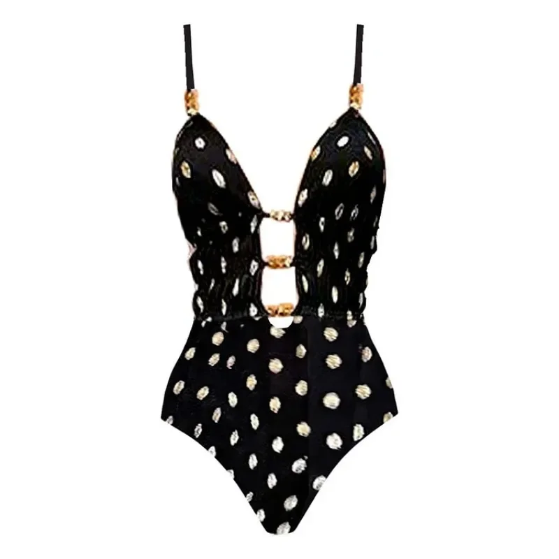Deep V Retro Polka Dot Print One-piece Swimwear Set for Women2025 New Swimsuit Hot Item