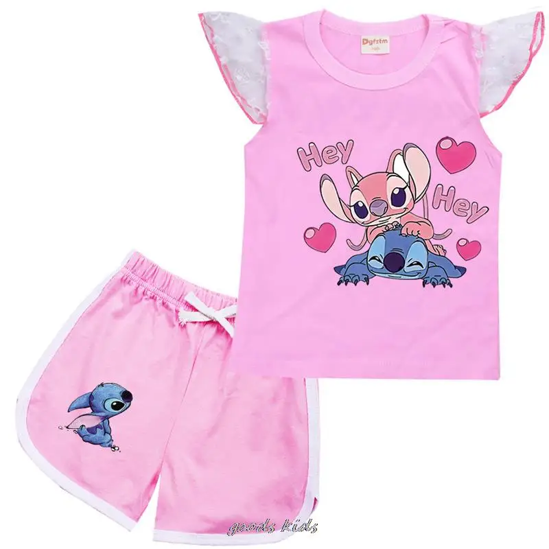 

Lilo And Stitch Summer Kids Set Children Clothes Set For Baby Girls Flying Sleeve T-Shirt Suit New Girl Clothing Baby Outfit Set