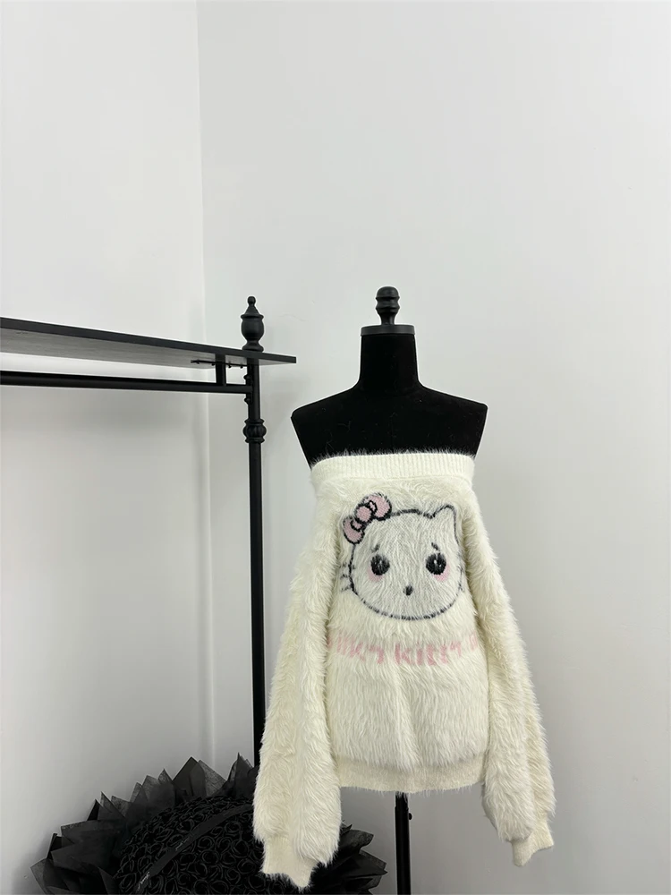 Winter Women Long Sleeve Cute Core Mohair Sweater Knitwear Girl Shoujo Slash Neck Jumper 2000S Aesthetic Korean Fashion Oversize