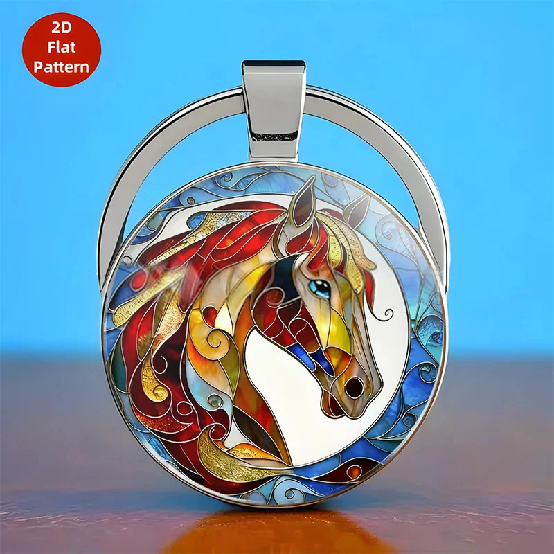 Horse Head Pattern Circular Pendant Keychain Backpack Hangings Decoration Gifts Vintage