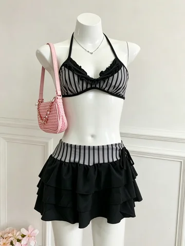 2026 Sweet Cool Grey Black Stripe Tie Halter Bikini Top Drawstring Tiered Mini Skirt Vacation Two Piece Swim Outfit