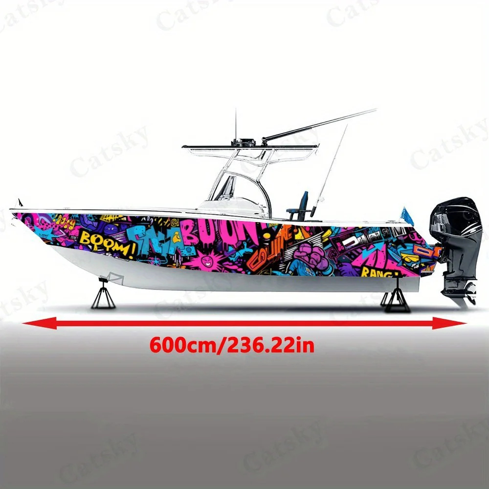 Trendy Graffiti Style Boat Stickers, PVC Waterproof Durable Vinyl Wrap Decals for Fishing Boats, Durable and Stylish Graphic Des