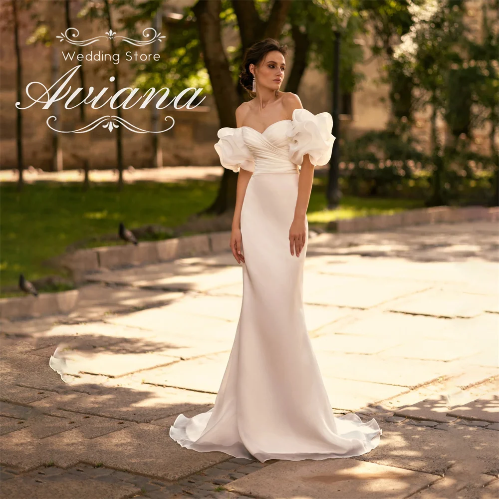 

Aviana Customized Wedding Dress Bridal Gown Off Shoulder Puff Sleeve Sweetheart Neckline Satin Fabric Mermaid Silhouette Lace Up
