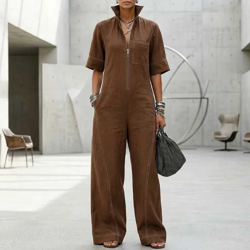 Yeezzi Women Vintage Contrast Stitch Wide Leg Jumpsuits 2026 New Half Sleeves Loose Zipper Pockets Casual Office Ladies Overalls