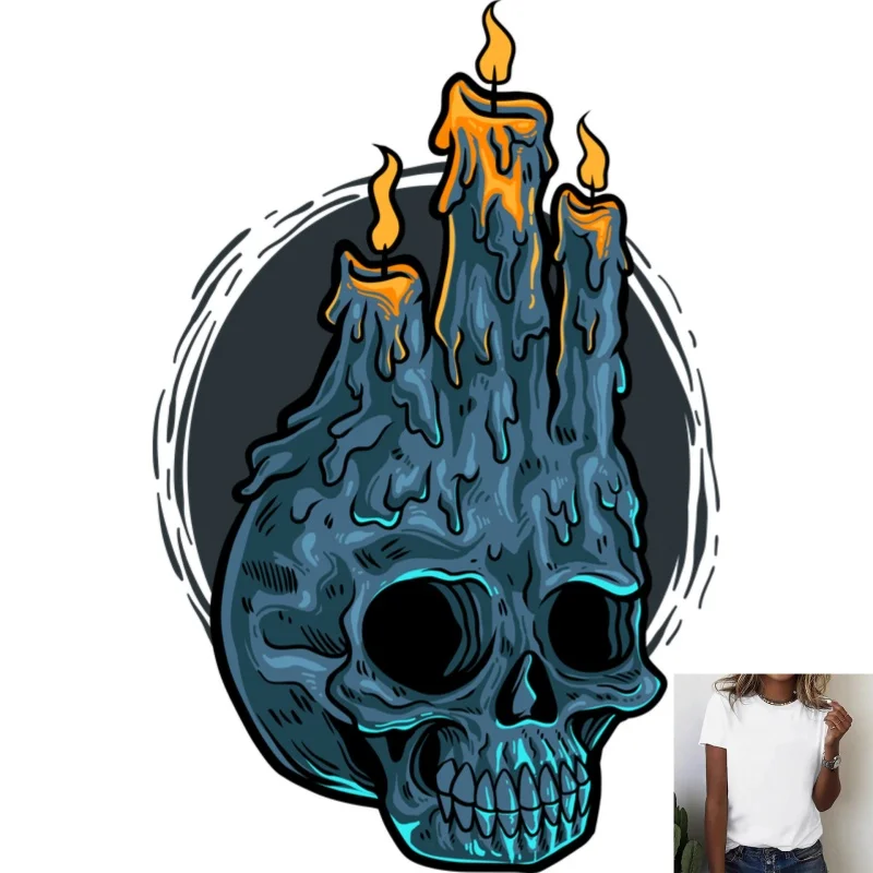 Gothic Skull Candle Pattern Heat Transfer White Ink Iron - on Decal, Trendy Dark - style Print, Suitable for T - shirts, Canvas