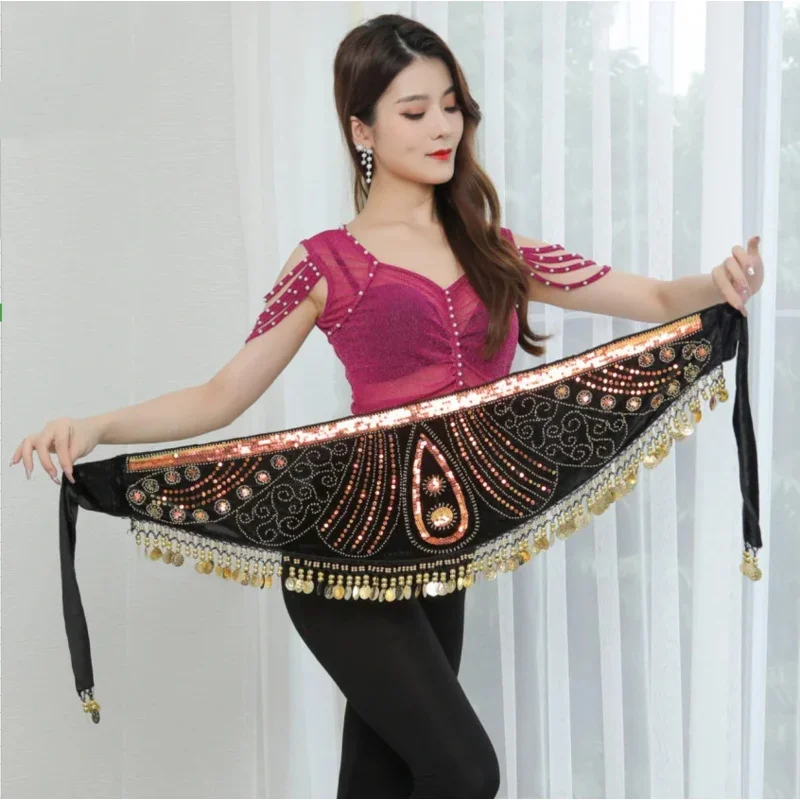 A Bead Embroidery Belly Dance Hip Scarf 6 Color Women Oriental Belly Dancing Coins Belt Lesson Wear Practice Costume Decor