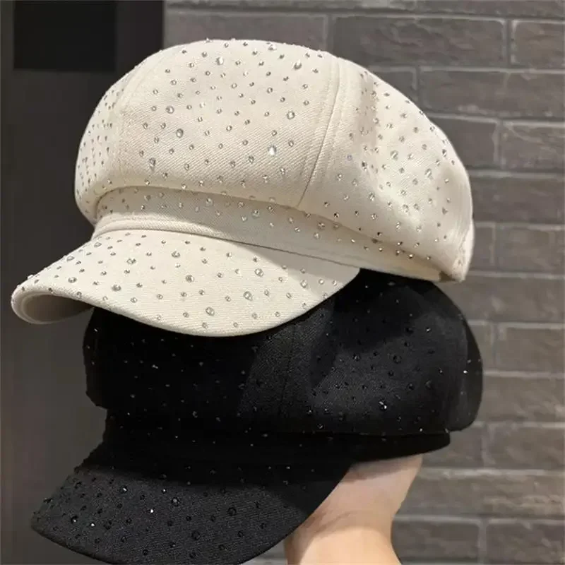 Korean Edition Diamond Studded Octagonal Hat for Women, British Retro Duck Tongue Newsboy, Autumn And winter Woolen Artist Hat