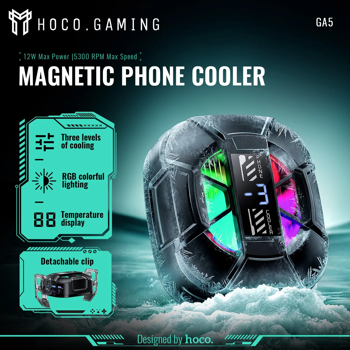 HOCO GA5 Semiconductor Mobile Phone Cooler Magnetic/Clip Universal Cooling Long Lasting Stronger Cooling Air Fan Digital Display