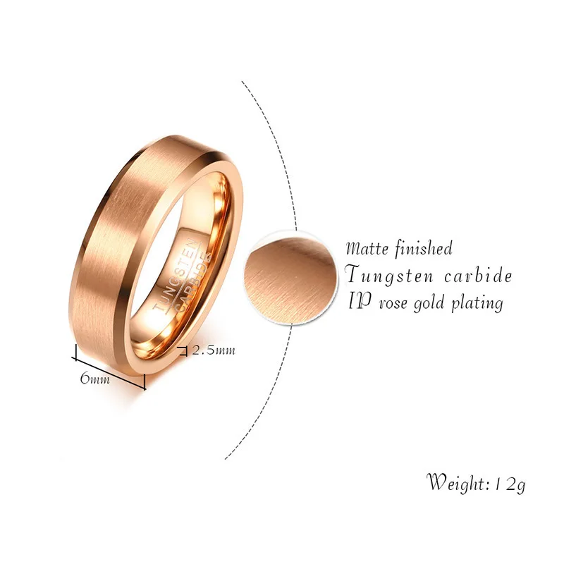 

Men's 6MM Rose Gold Plated Tungsten Steel Brushed Bare Body Simple Rings Size 8-12