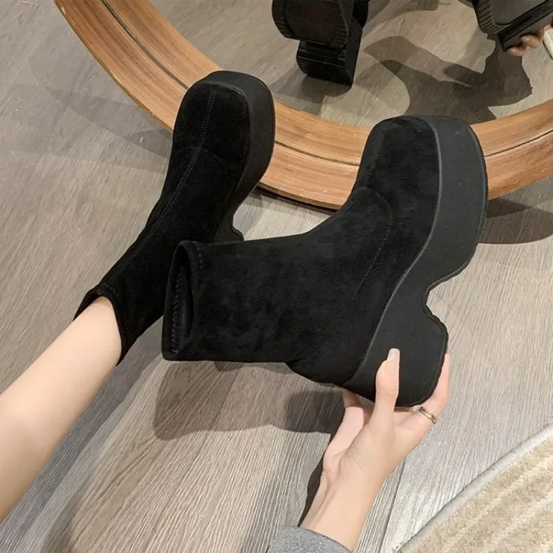 Autumn Women Platform Ankle Boots Suede Black Khaki Elastic Thin Boots Chunky High Heel Slip on Gothic Short Botas Femininas