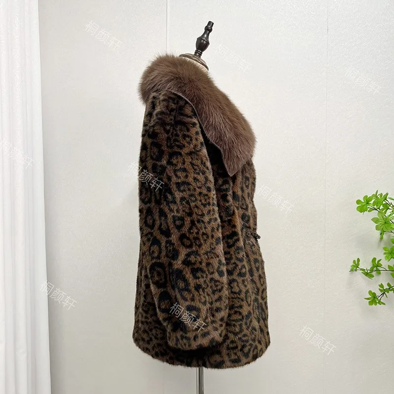 Leopard Print Loose Fit Coat Mid Long Length Japanese Korean Casual with Round Neck Regular Sleeve Autumn No Hood Women Coat