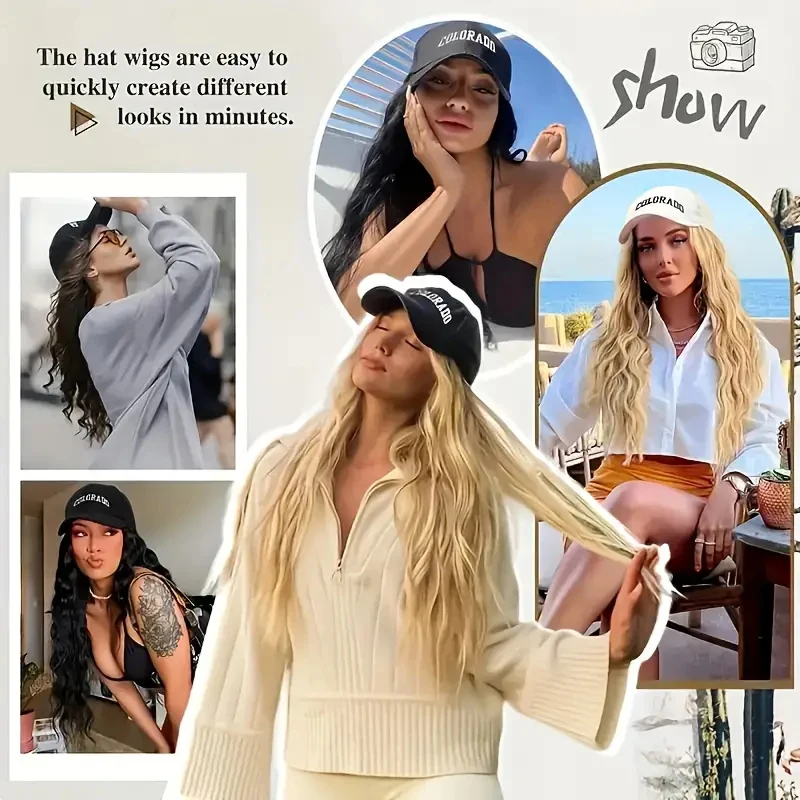 18 インチ合成ロングウェーブカーリー野球帽ヘアエクステンション調節可能なブラックブロンド Hairpece 帽子かつら女性のための