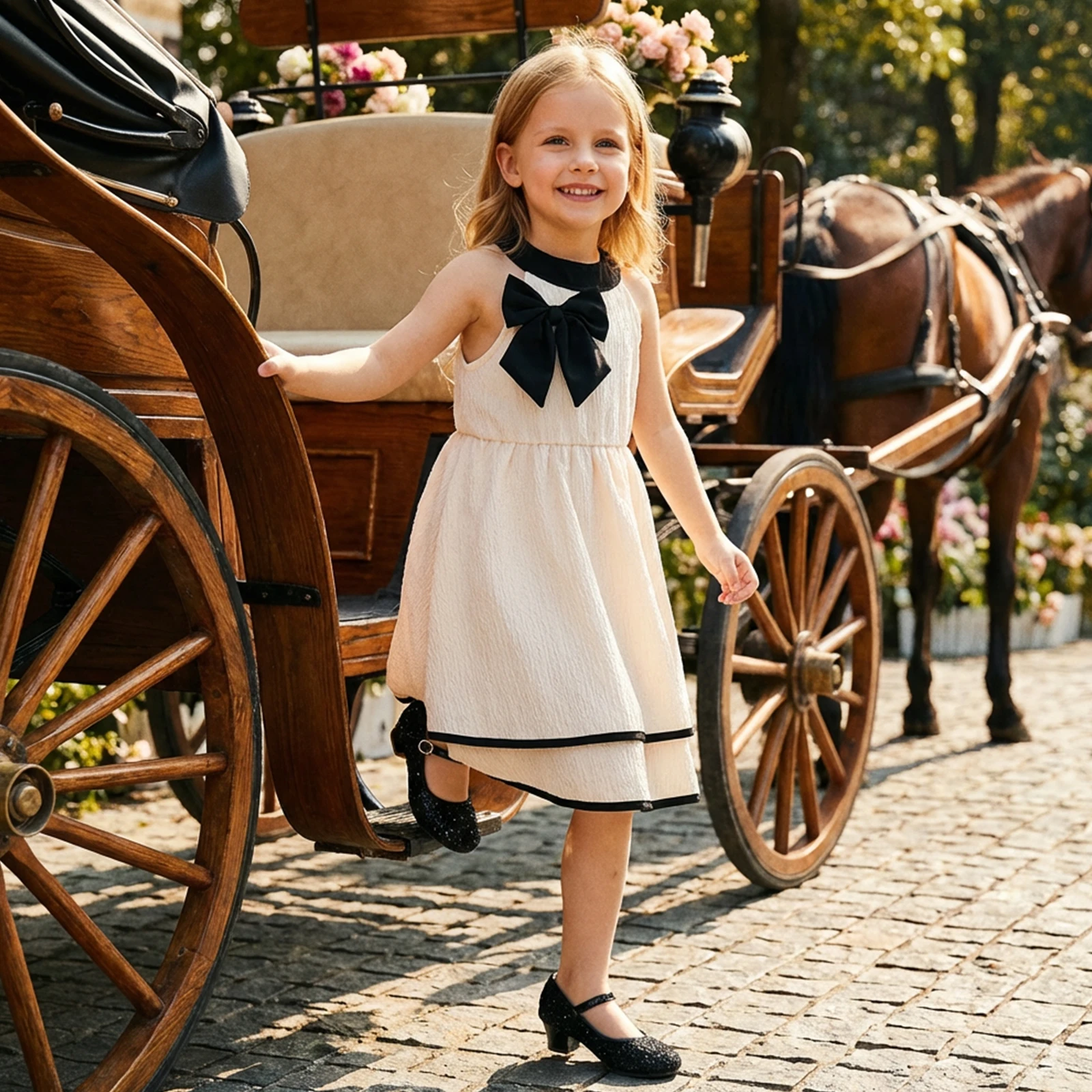3-10Y Fashion Girls Summer Dress Elegant Sleeveless Round Neck Bow Front Flowy Dress Kids Princess Party Dresses