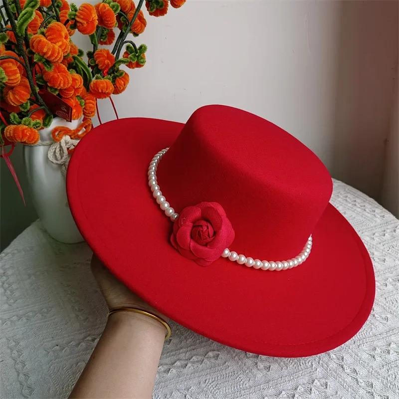 

French Style Fedora Hat for Women 10CM Wide Brim Flat Top Felt Hat Winter Autumn Derby Wedding Jazz Hats