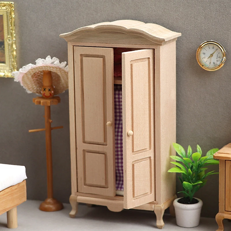 Miniature Wooden Classical Wardrobe Mini Cabinet Bedroom Furniture Kits Home & Living For 1/12 Scale Dollhouse