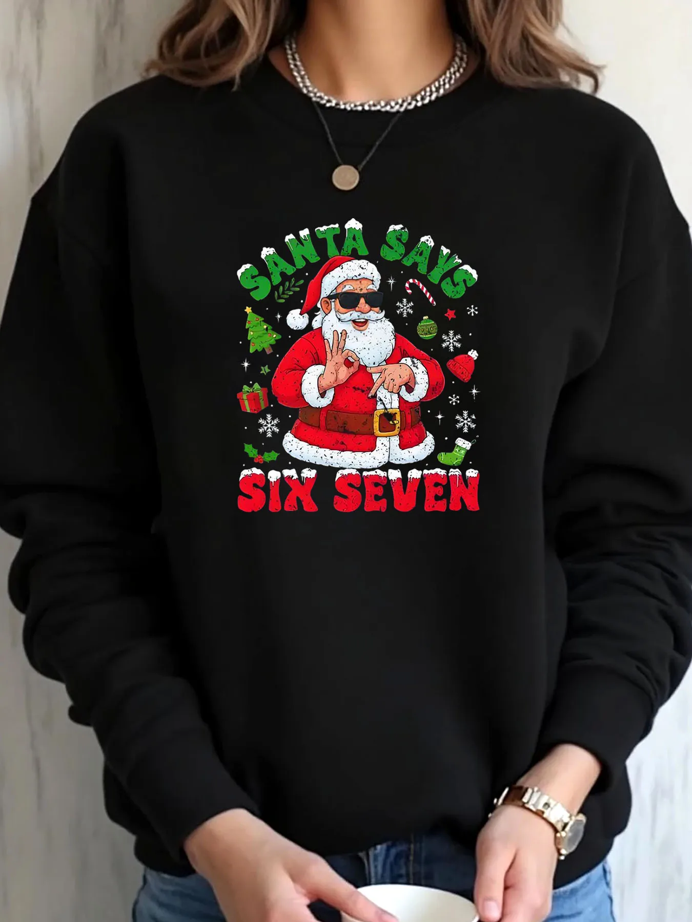 

Женская толстовка больших размеров с рождественским принтом Санта-Сесть и семью принтами, верхняя одежда