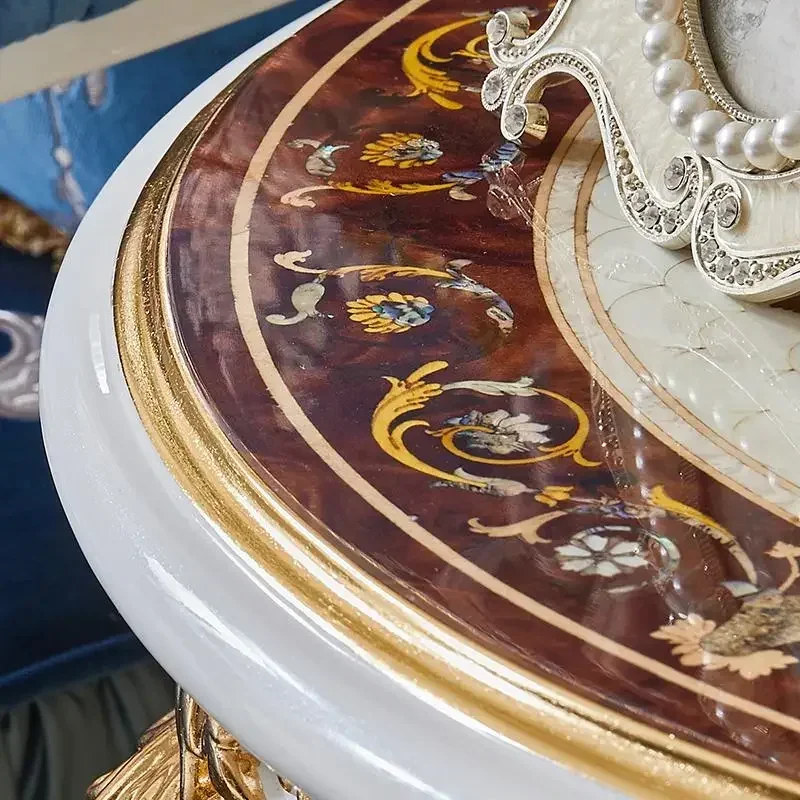 Solid wood round luxury deep sea color shell inlaid small corner villa living room sofa phone carved edge few