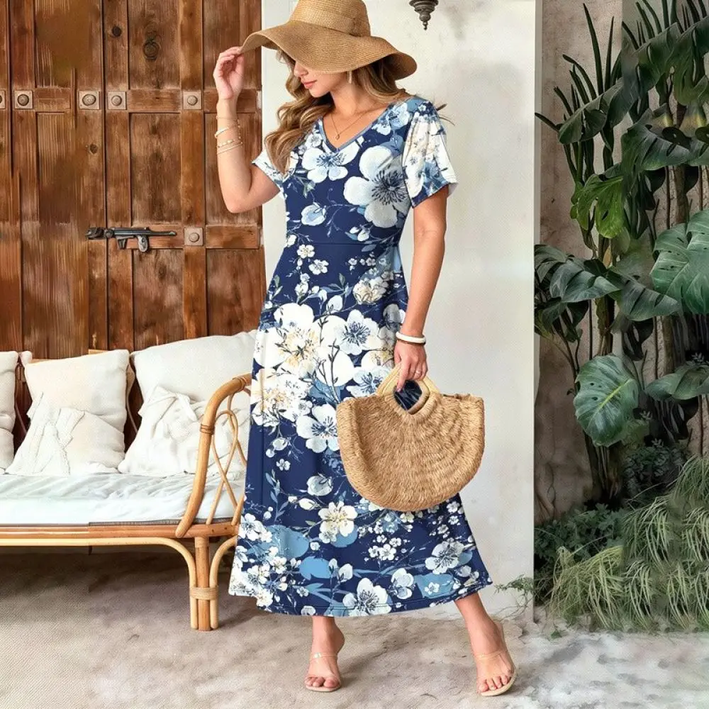 Womens Summer Dress Floral Print Casual V Neck Loose Fit Maxi Dresses Bohemian Style Elegant Flowy Holiday Outfits