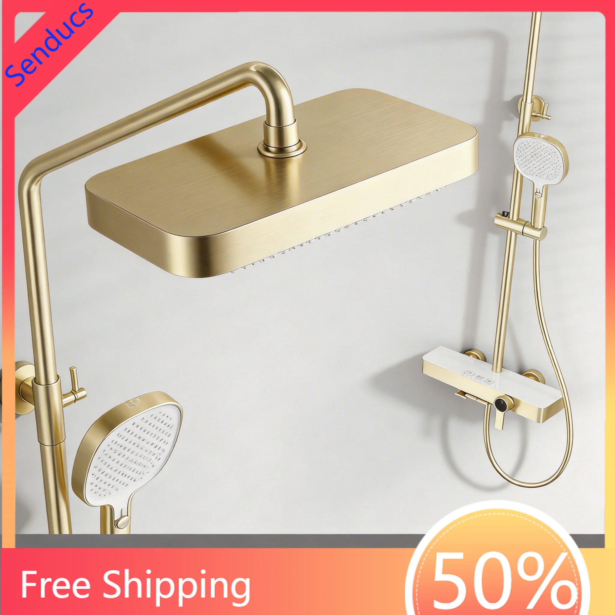 Brushed Gold Piano Key Bathroom Shower System Bathroom Complete Piano Shower Set Brass Hot Cold Mixer Faucet Rain Shower Head