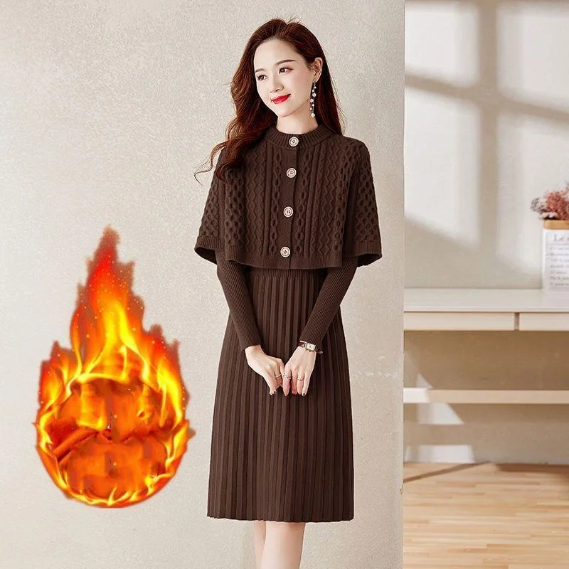 Retro Knitted Suit Women's 2023 New Spring Autumn Fashion Cloak Shawl Underwear Medium Length Woolen Dress Two Piece Set