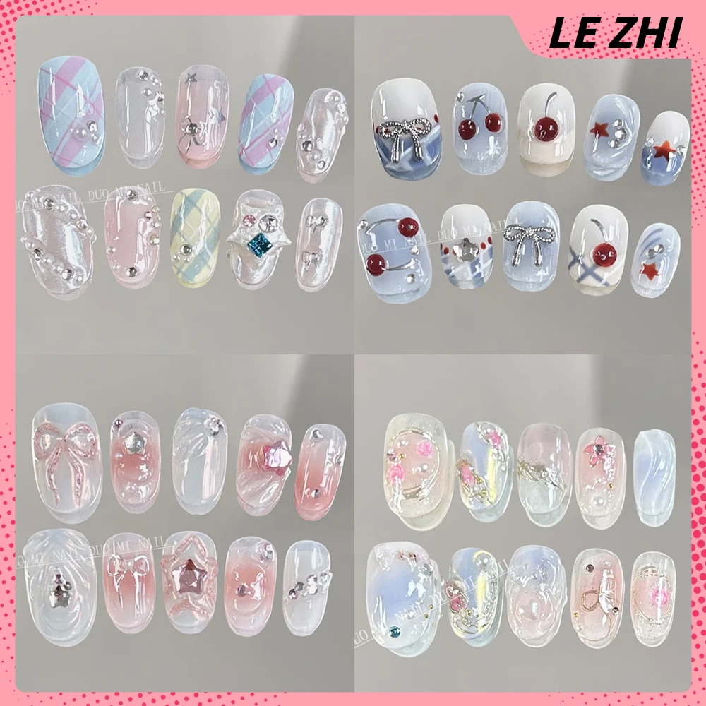 

Fashion Gentle Elegant Handmade Ellipse Press On Nails Colorful Diamond Pearl Bow Five Pointed Star Ice Cream Nail Party Sticker