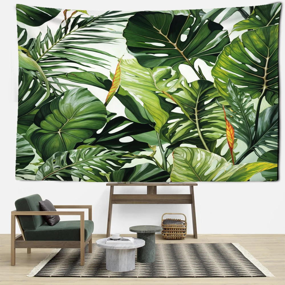 Green Palm Leaf Tapestry Wall Hanging Tropical Plants Simple Art Bohemian Hippie Bedroom Living Room Home Decor