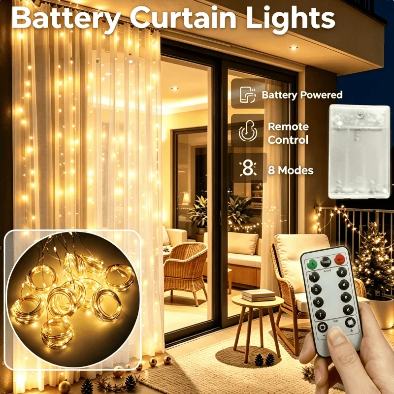 Battery Operated Curtain Lights  Fairy String Lights,Window Curtain Lights for Bedroom Backdrop Christmas Indoor Home Decor