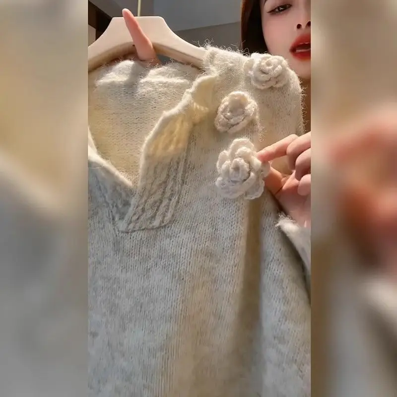 Autumn Winter Women Stylish 3D Flower Chic Soft Knitted Sweater Casual Streetwear Hollow V Neck Long Sleeve Loose Pullover Tops