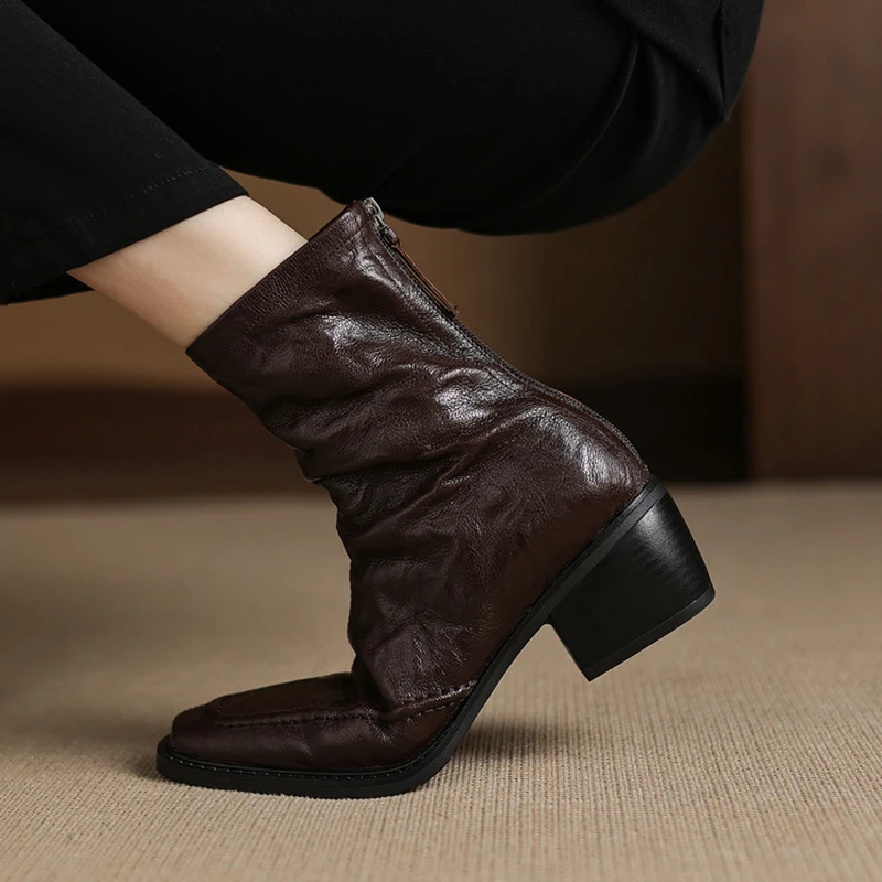 

Women's new autumn and winter genuine leather sheepskin square toe and calf high-heeled zipper Chelsea retro short boots