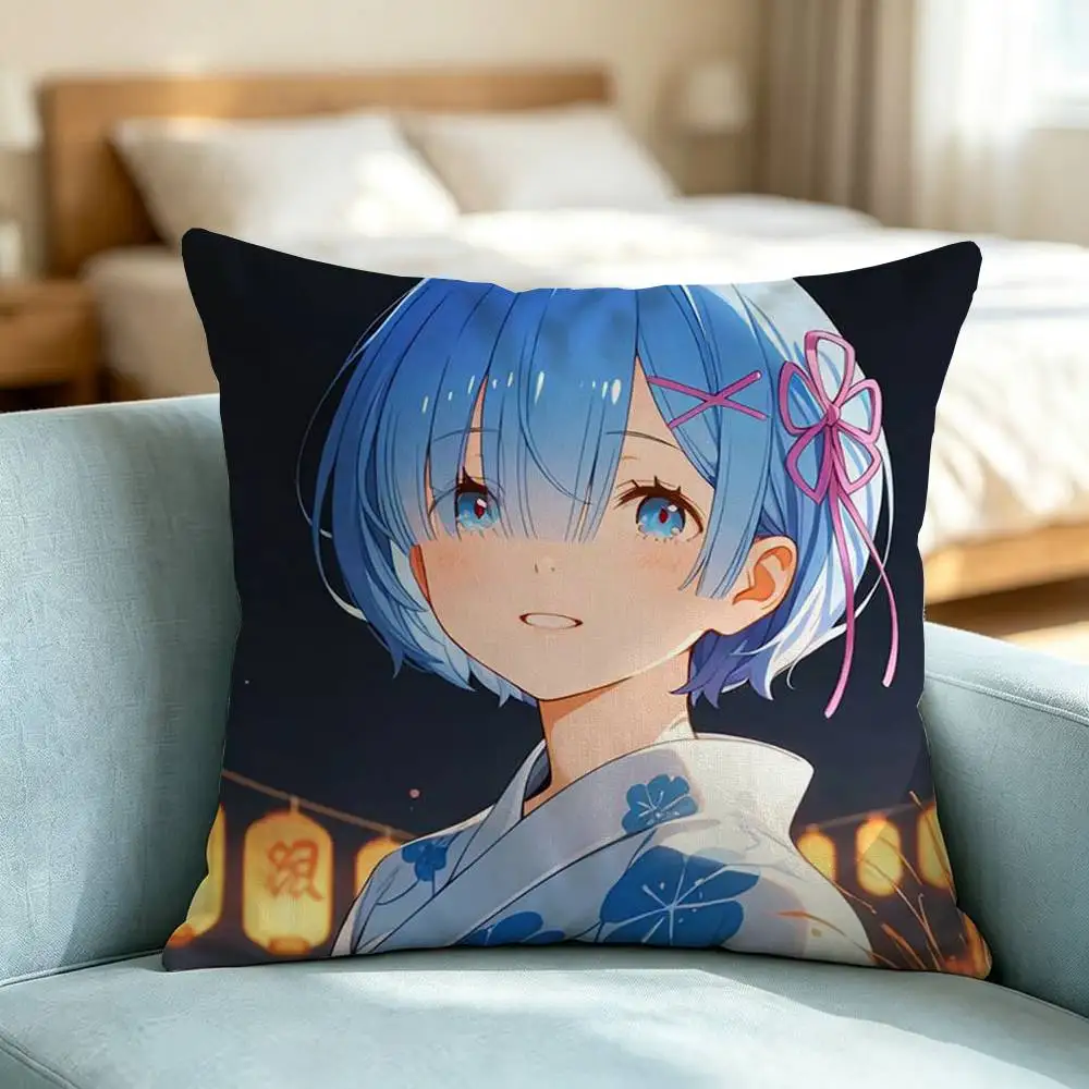 Anime Re Zero Ram-Rem Pillow Case Square Double-Sided Sofa Cushion Cover Bedroom Bedside Pillow Gift