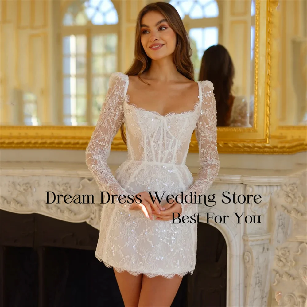 Prachtige korte trouwjurk kant lange mouw vierkante kraag open rug vetersluiting schede bruidsjurk vestido de novia aangepast