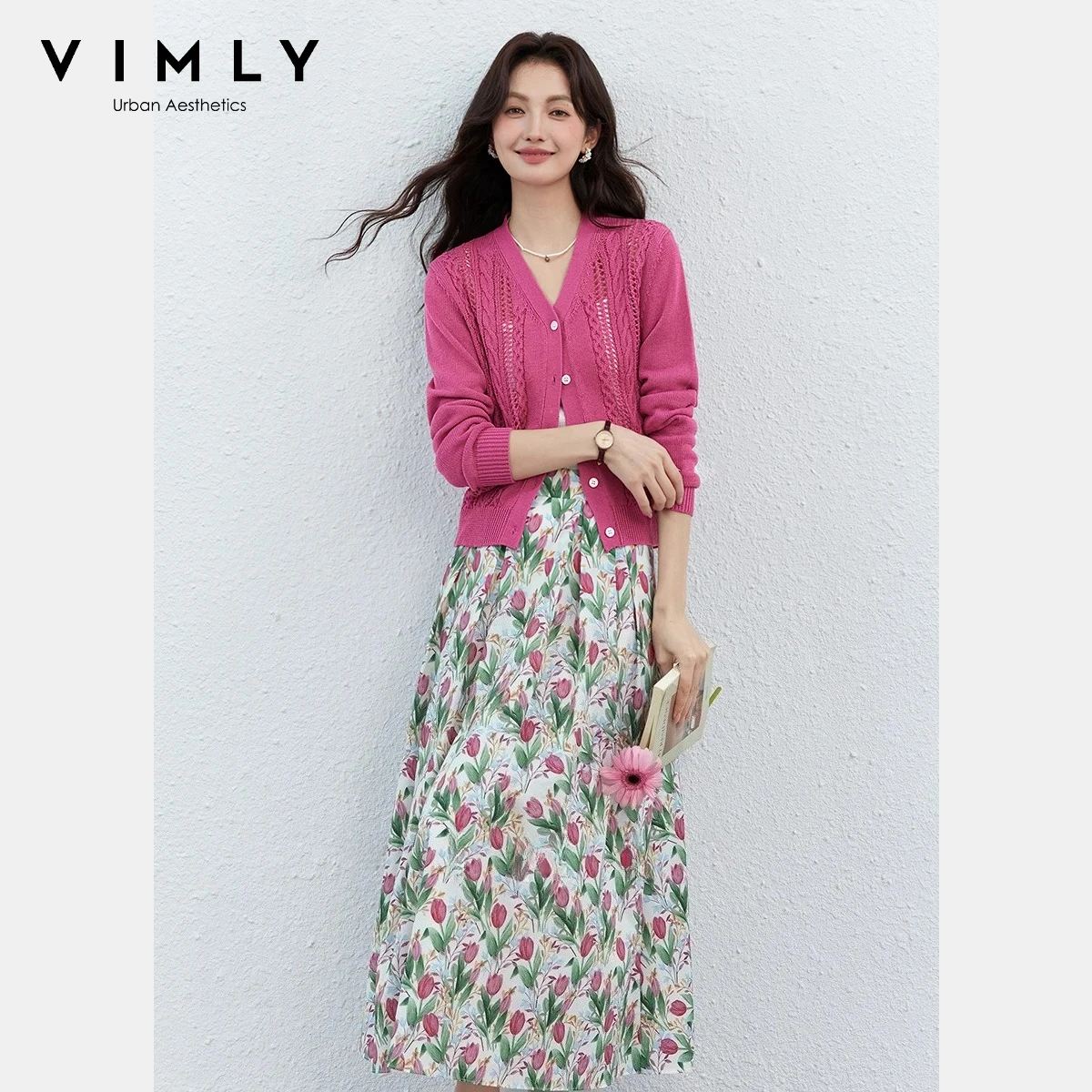

VIMLY Women's Two-Piece Set 2026 Spring New Hollow Out Knitted Cardigan Floral Print Midi Skirt Casual Vacation Outfits A5075