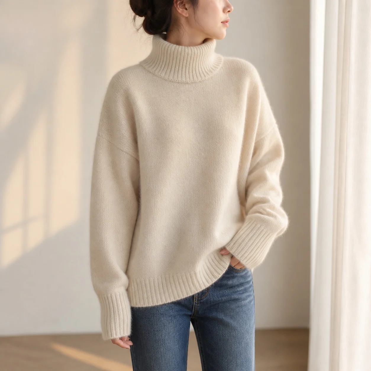Loose Fit Pullover Sweater Office Chic with Single Turtleneck Long Sleeve Thick Heat Set Standard Length Spring Women Sweater