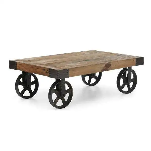 

Old solid wood simple creative coffee table, wrought iron cart