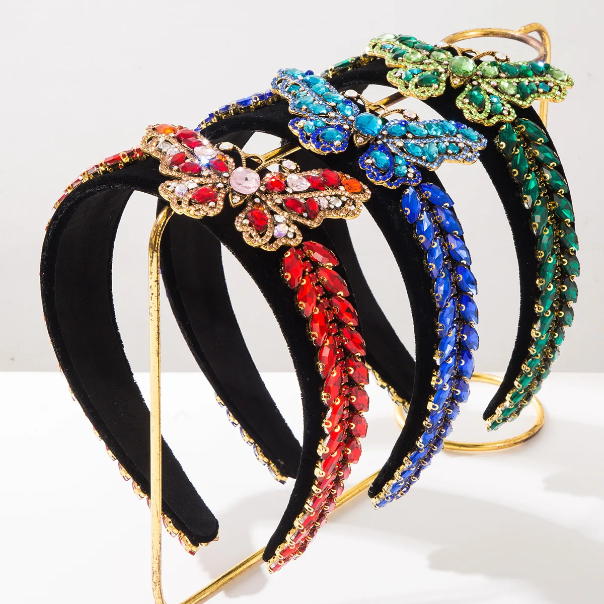 European Vintage Butterfly Wide Headband for Women Full Rhinestone Velvet Hair Band Elegant Crystal Hairpiece Party Accessory