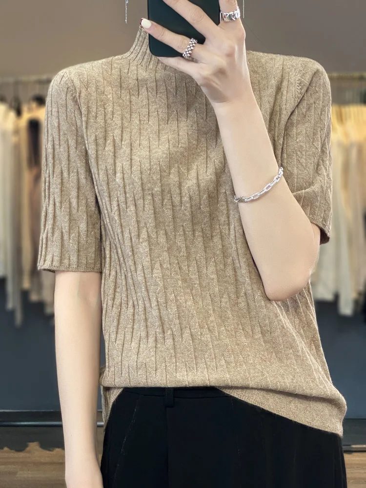 Women's Wool Knitted f High Collar Five Sve Base irt ort Sve Top Textured Spring Autumn New Sle Snowy eep Brand