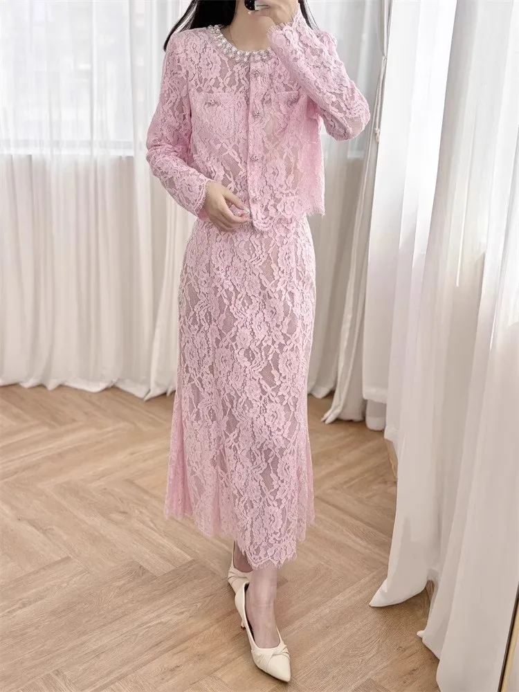 

Белые кружевные топы и юбки с длинными рукавами, женские осенне-весенние комплекты из двух предметов, элегантный винтажный комплект с юбкой для вечеринки