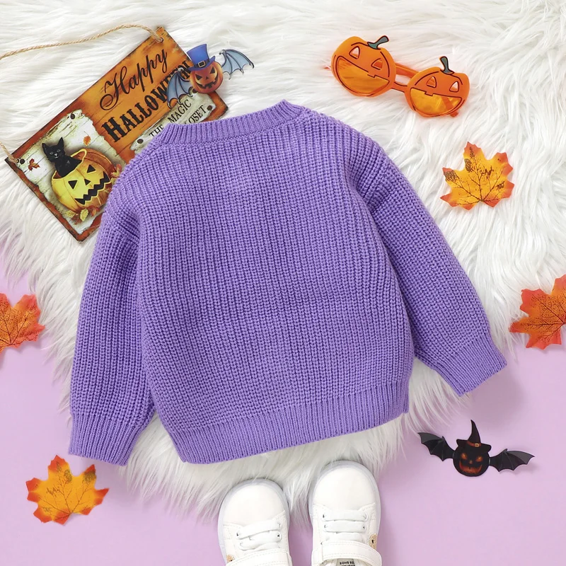 Toddler Baby Girl Halloween Knit Cardigan Sweater Long Sleeve Ghost Pumpkin Embroidery Purple Fall Clothes