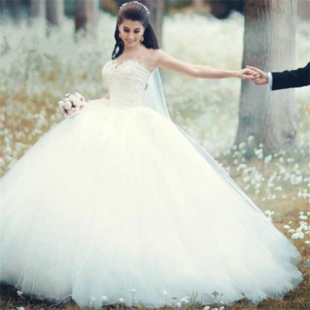

ZJ9022 Elegant Sweetheart Collar Appliques Lace Tulle Wedding Dress for Bridal A-line Backless Puffy Wedding Party Gown